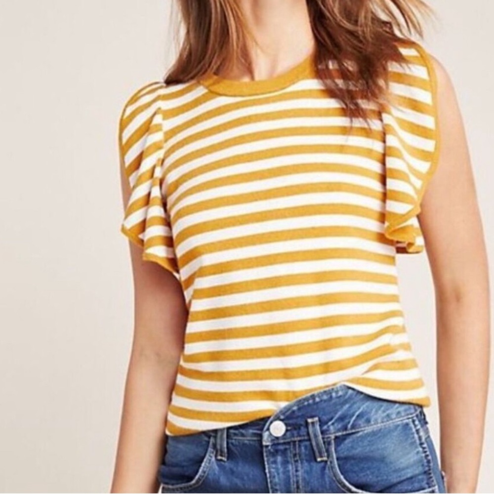 Anthropologie Womens Jillian Striped Ruffle Knit Sweater Honey
